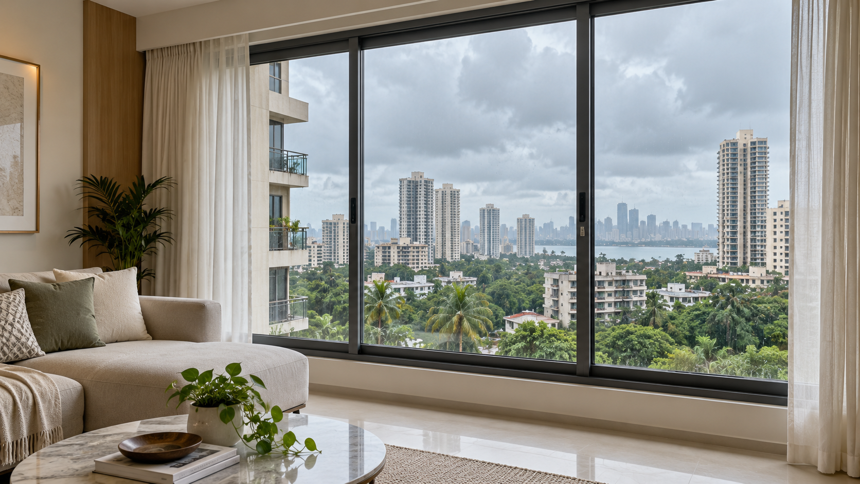 Aluminium sliding window in a modern Mumbai apartment living room