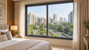 Closed soundproof sliding window in Mumbai apartment bedroom overlooking a busy road